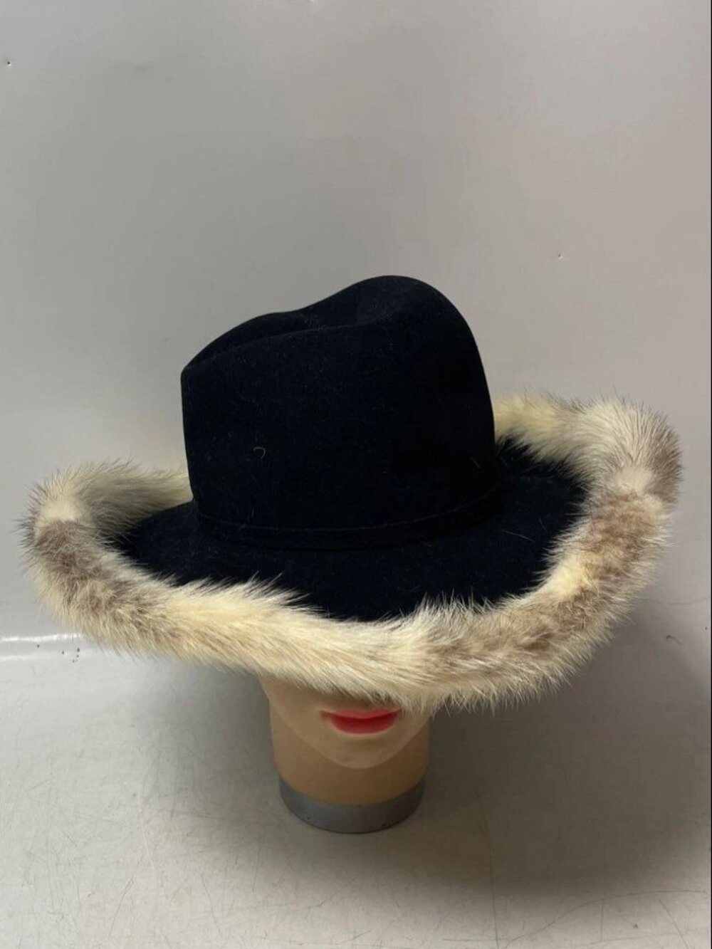 Vintage 1960's Mr. John Classic Women's Black Wool Wide Brim Hat with Fur Trim